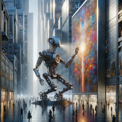 The primary subject of the image is a large robot statue, which is the main focus of the scene. The robot is standing in a city setting, surrounded by a crowd of people. The visual style of the image is digital art, as it appears to be a computer-generated or digitally rendered scene. The colors and mood of the image are vibrant and lively, with the robot and the people creating a dynamic and engaging atmosphere.
